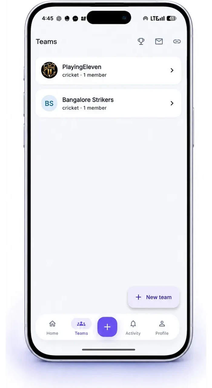 The NikiPri teams screen, listing the cricket teams you belong to with a New team button